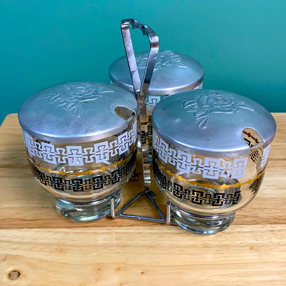 Vintage Libbey MCM Condiment Holder Set - Three Glass Jar with Lids